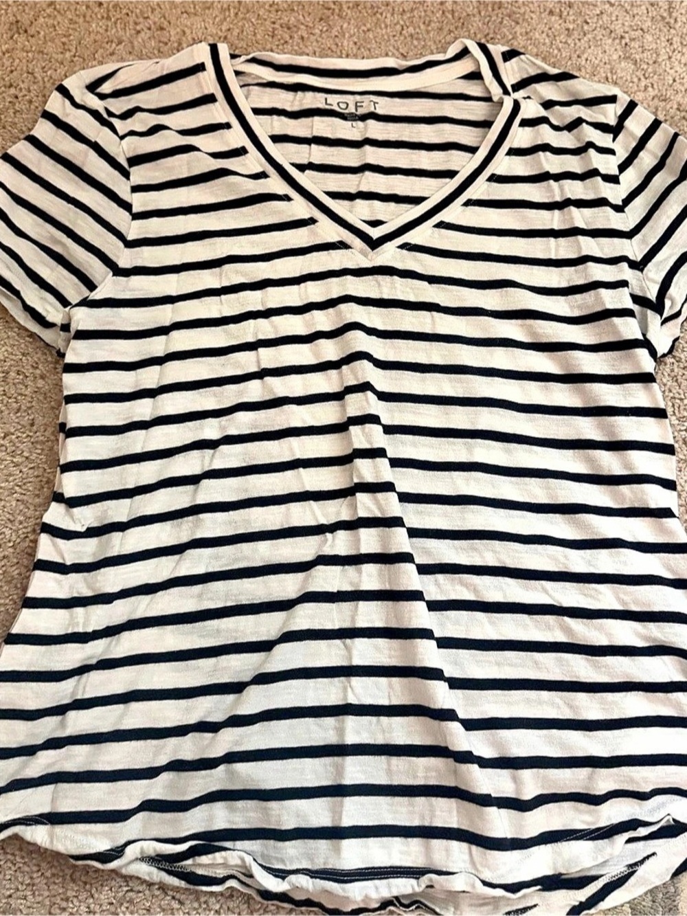 LOFT Striped Everyday V-Neck Tee White & Black Large